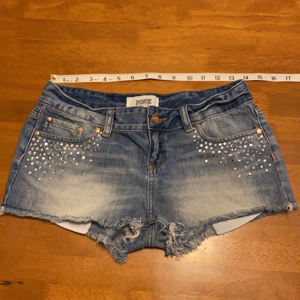 PINK Victoria’s Secret | Raw Hem Rhinestone Shorts 4 EUC Jean - Picture 10 of 12